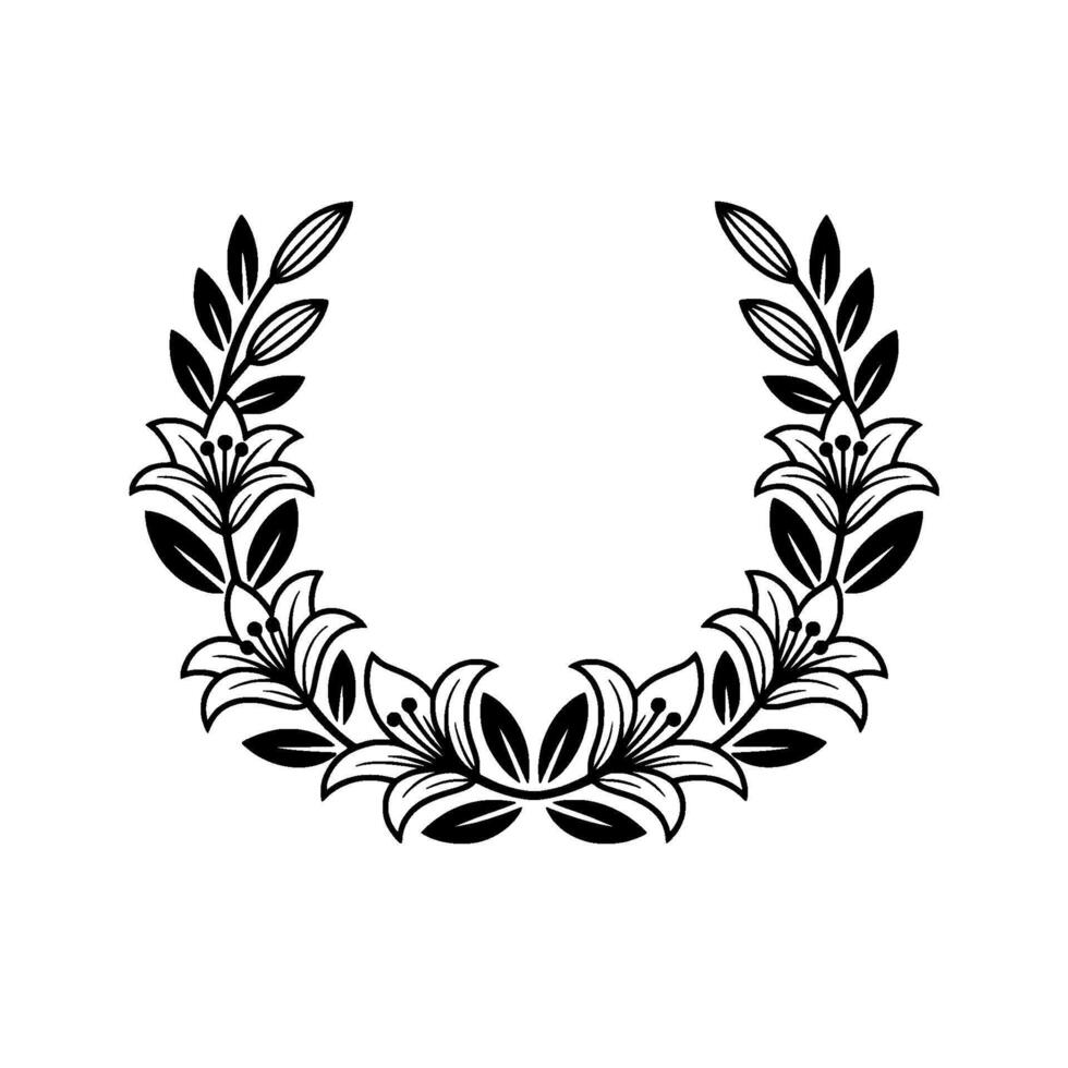 Elegant Black and White Lily Wreath Illustration, Minimalist. vector