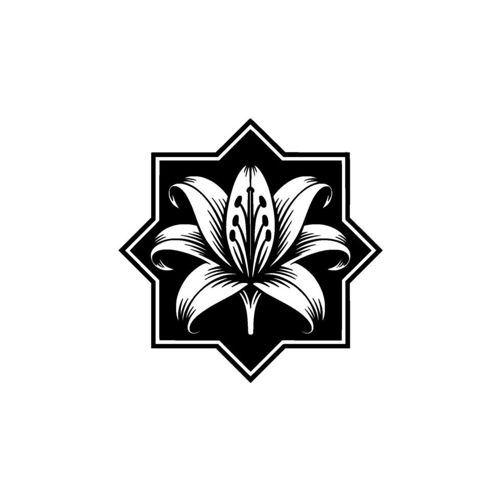 Elegant Black White Lily Floral Emblem, Minimalist. vector