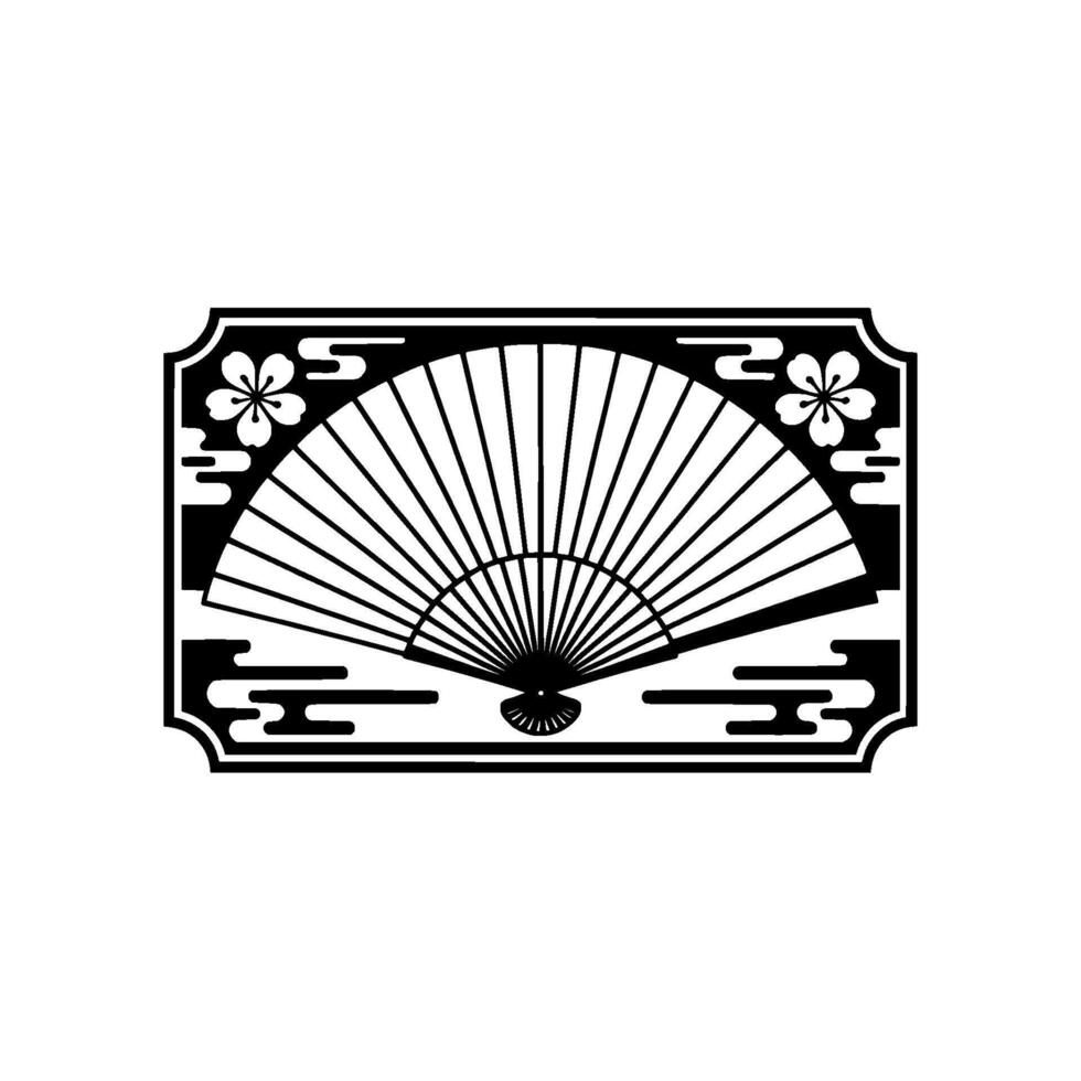 Japanese Fan Illustration, Minimalist Black and White, Sakura. vector