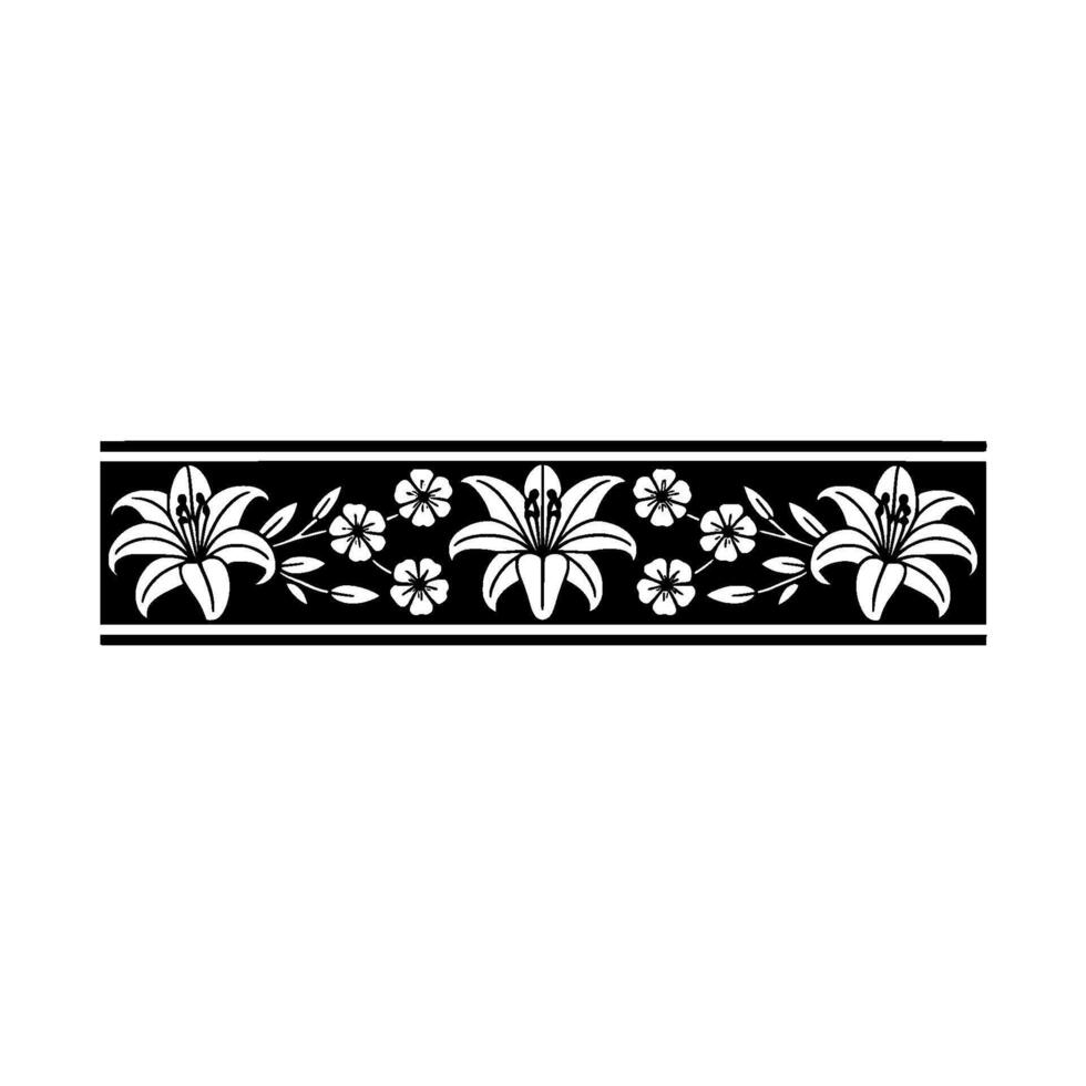 Elegant Floral Border with Lilies and Other Flowers, Black and White. vector