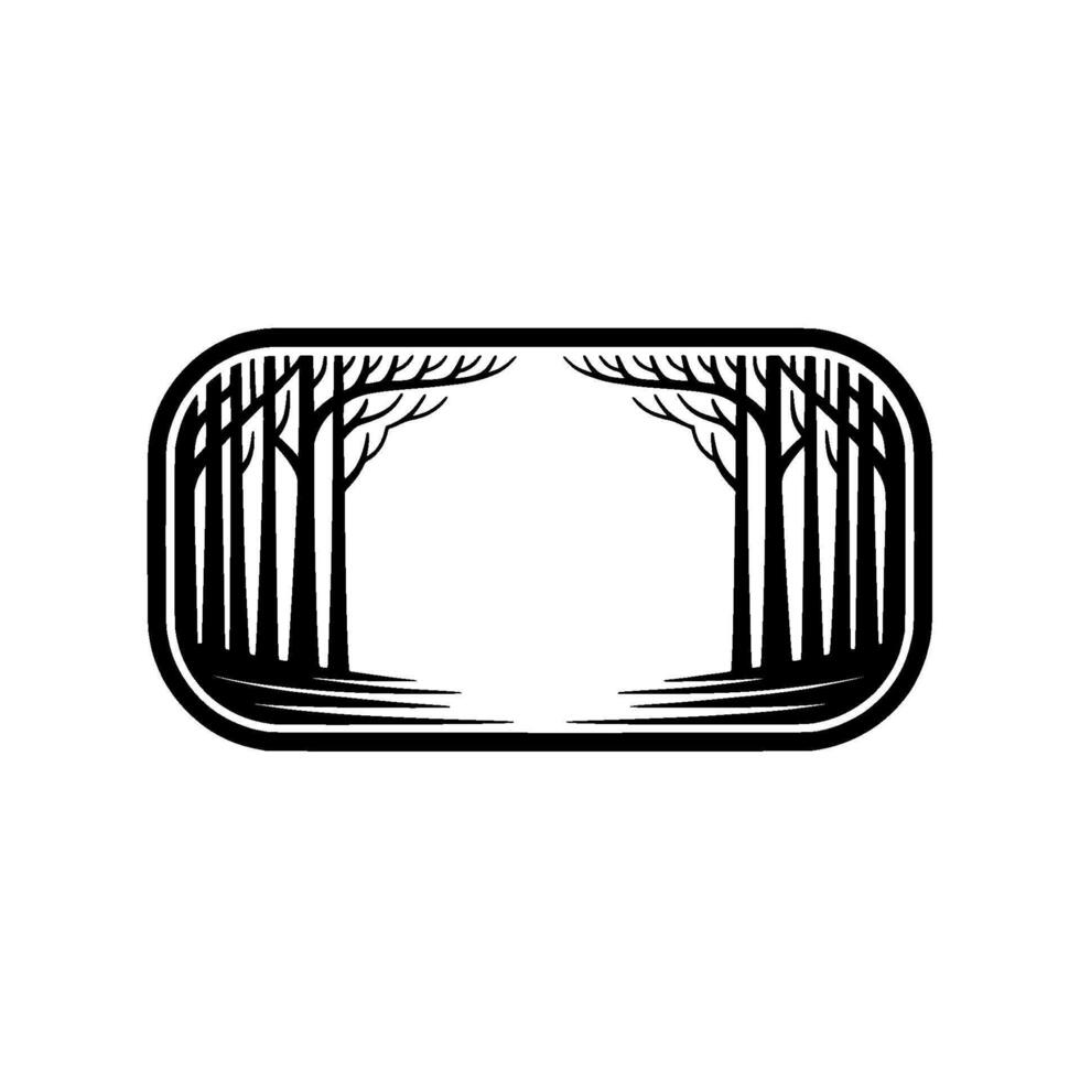 Minimalist Forest Silhouette in Rounded Frame, Black and White. vector