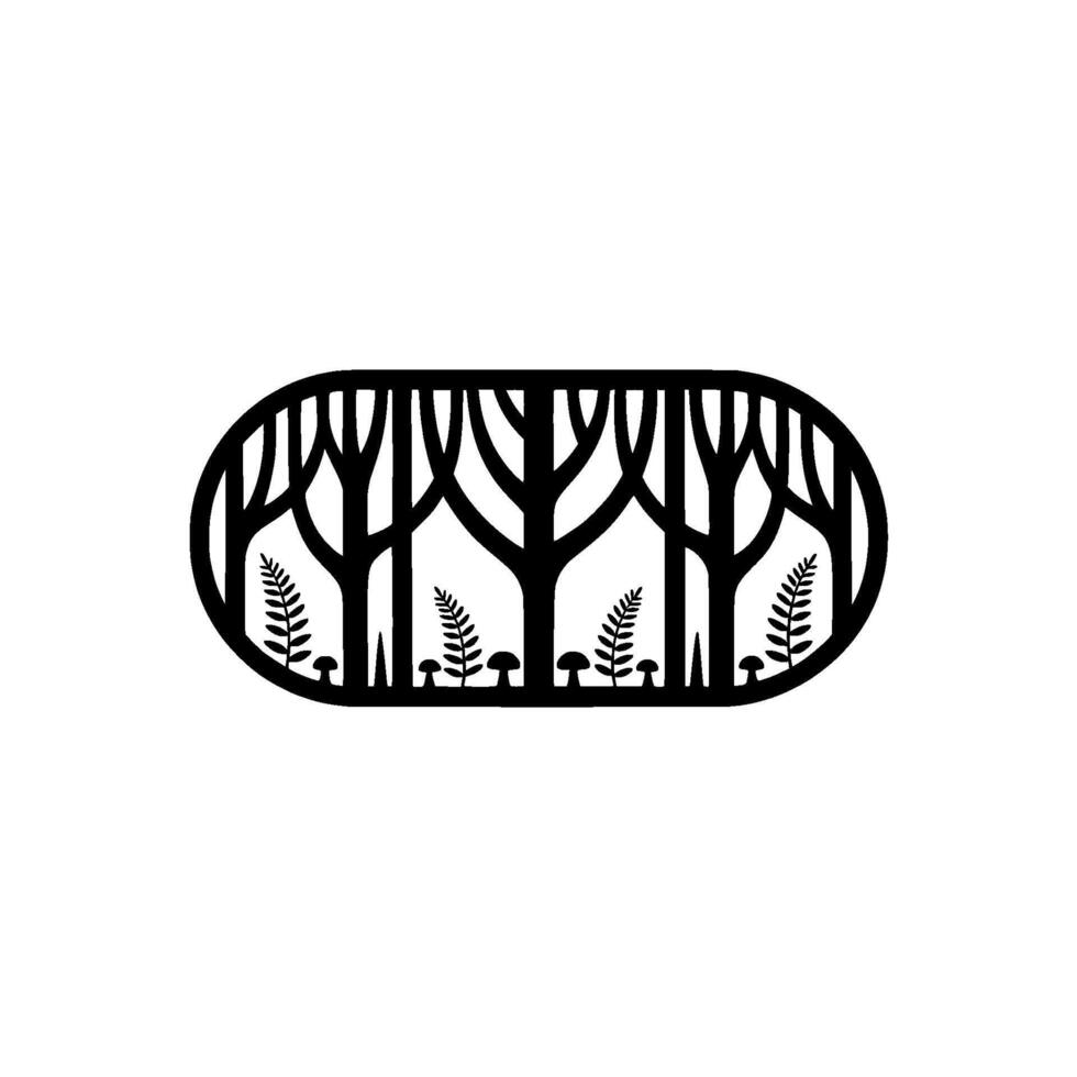 Minimalist Forest Scene in Oval Frame Black Silhouette. vector