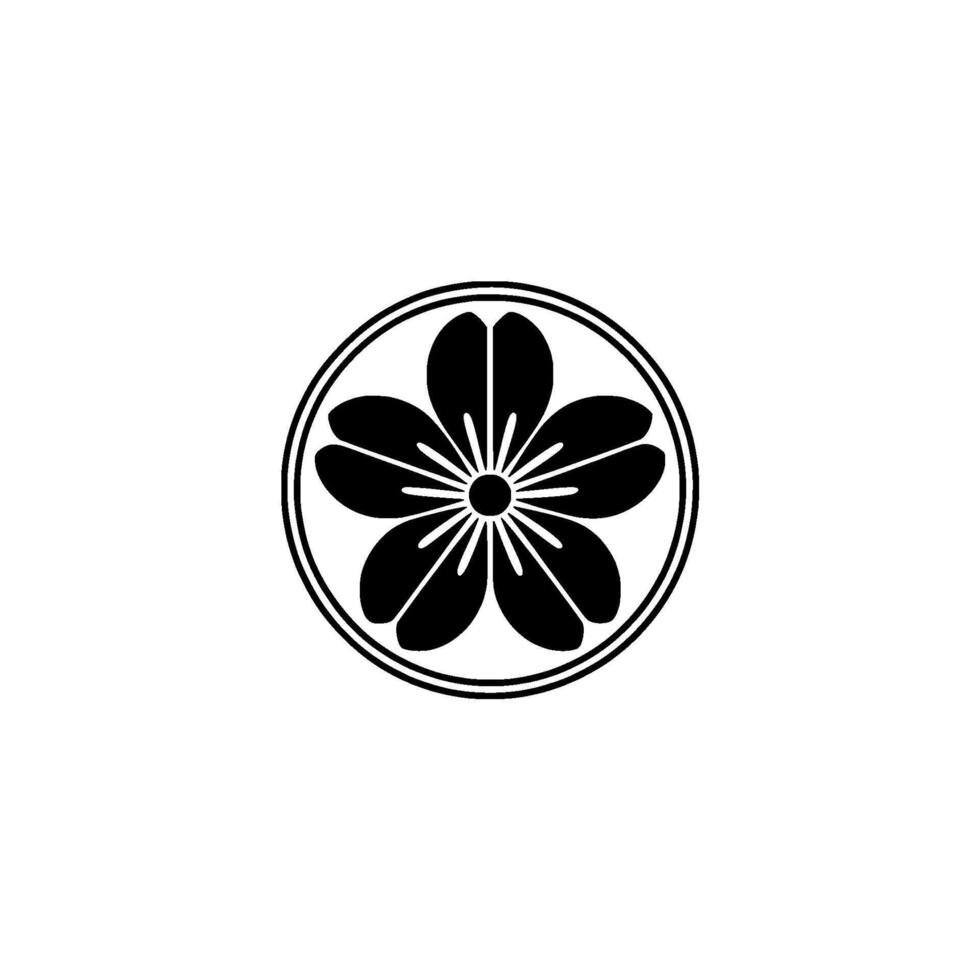 Japanese Floral Crest - Black Silhouette on White Background. vector