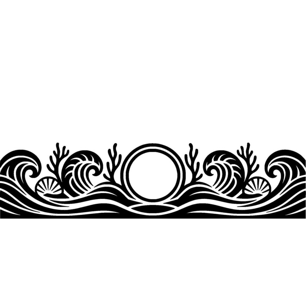 Decorative Oceanic Border with Waves, Shells, and Circle in Black and White. vector