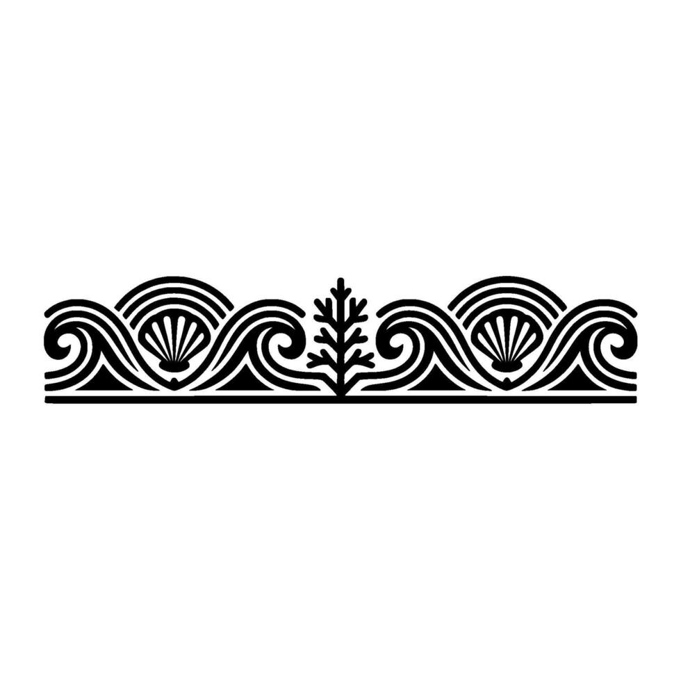 Decorative Nautical Border Waves, Shells, and Seaweed, Black White. vector