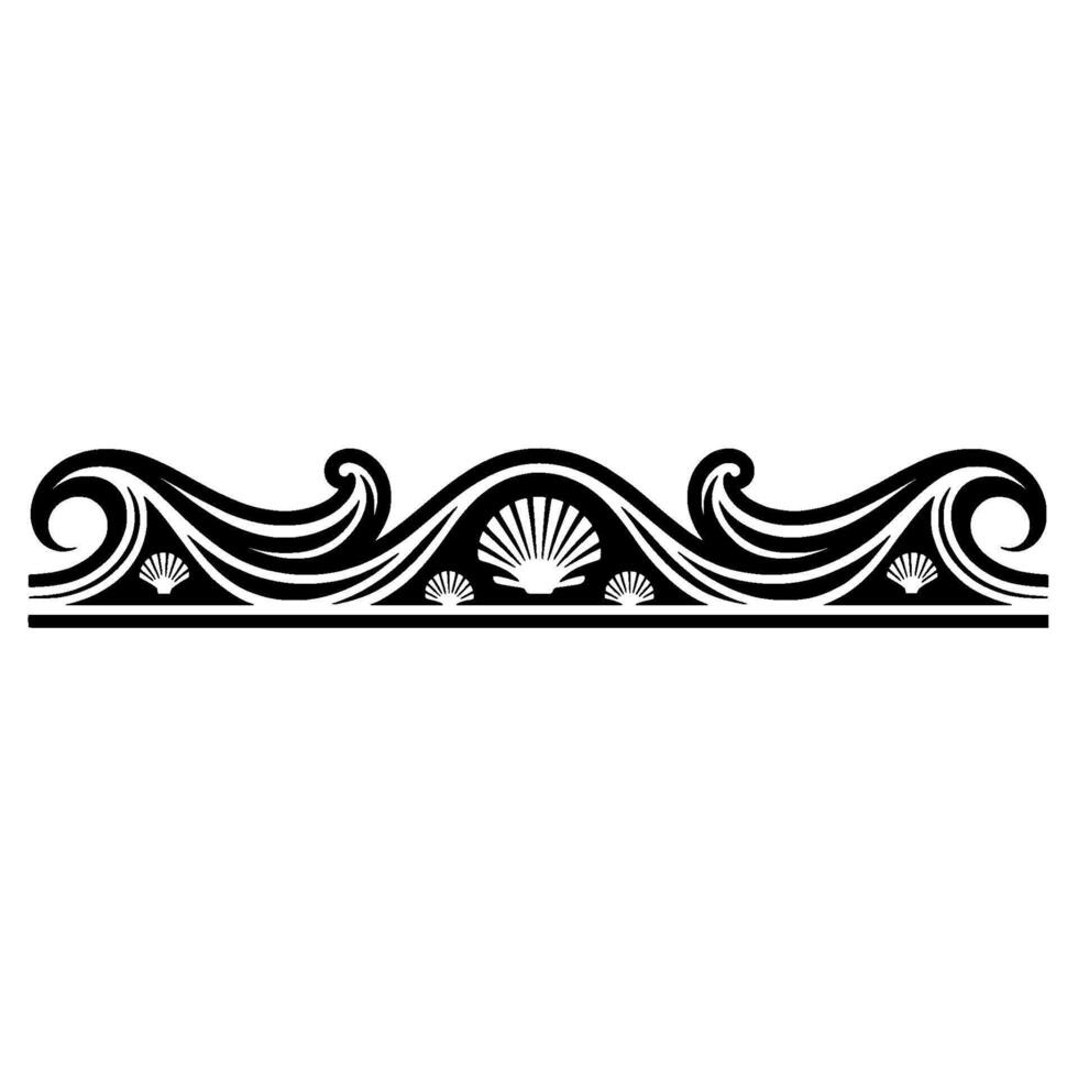 Decorative Ocean Wave and Seashell Border in Black White. vector