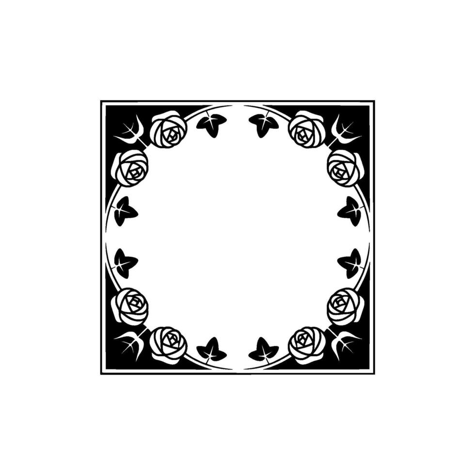 Art Nouveau Rose Frame, Black and White, Elegant Floral. vector