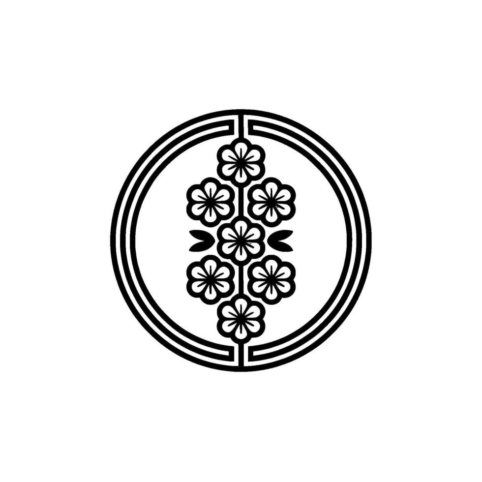 Japanese Floral Crest , Black White Minimalist , Circle Emblem vector
