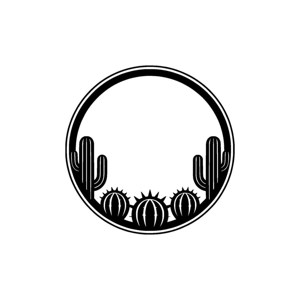 Minimalist Cactus Emblem Circle Frame , Black White, Desert Theme vector
