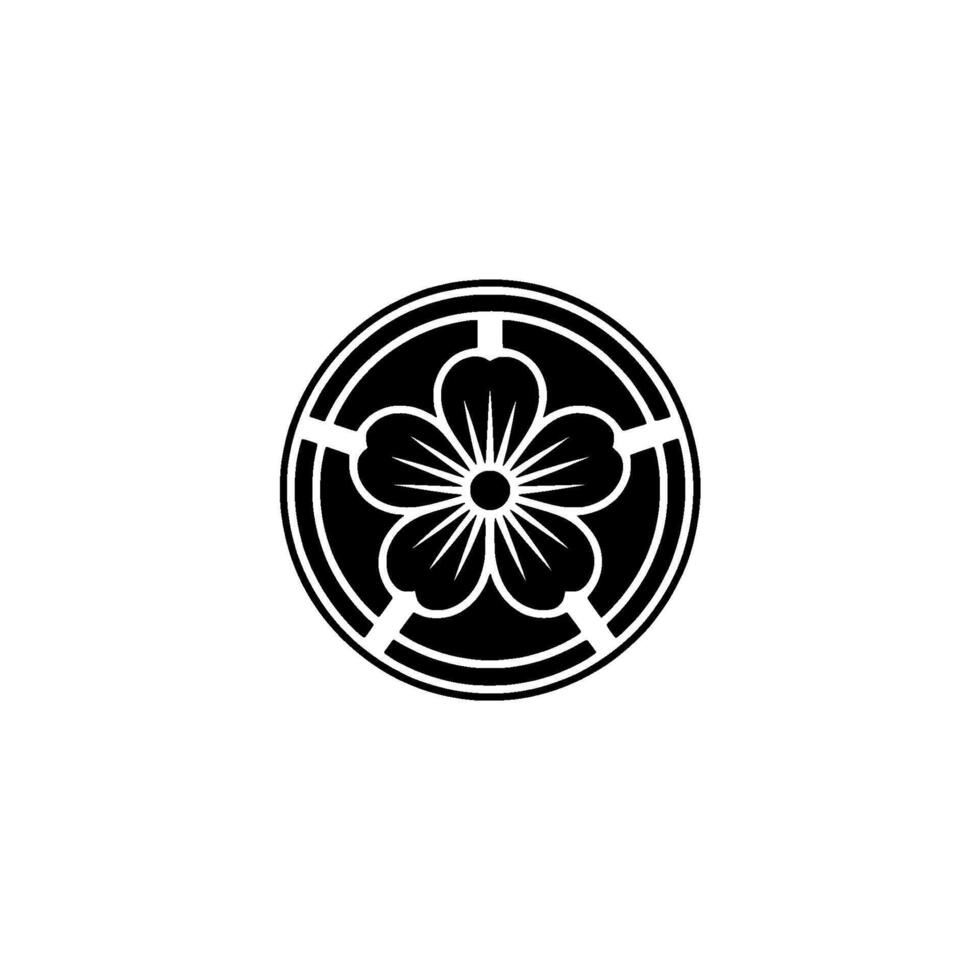 Japanese Family Crest Black and White Flower in Circle, Minimalist vector