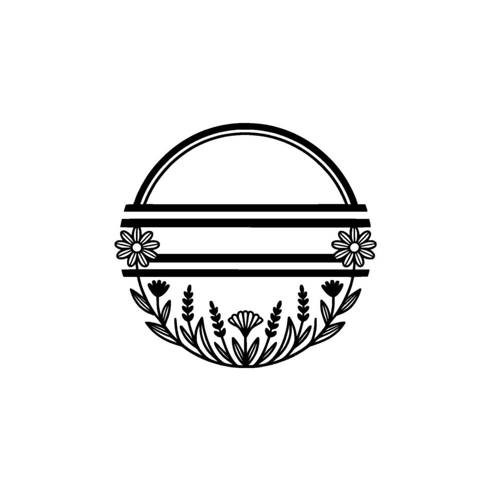 Floral Circle Frame with Lines, Minimalist Black and White vector