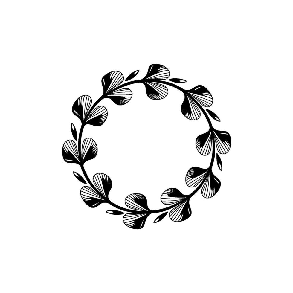 Minimalist Black White Botanical Wreath, Delicate Foliage, Element vector