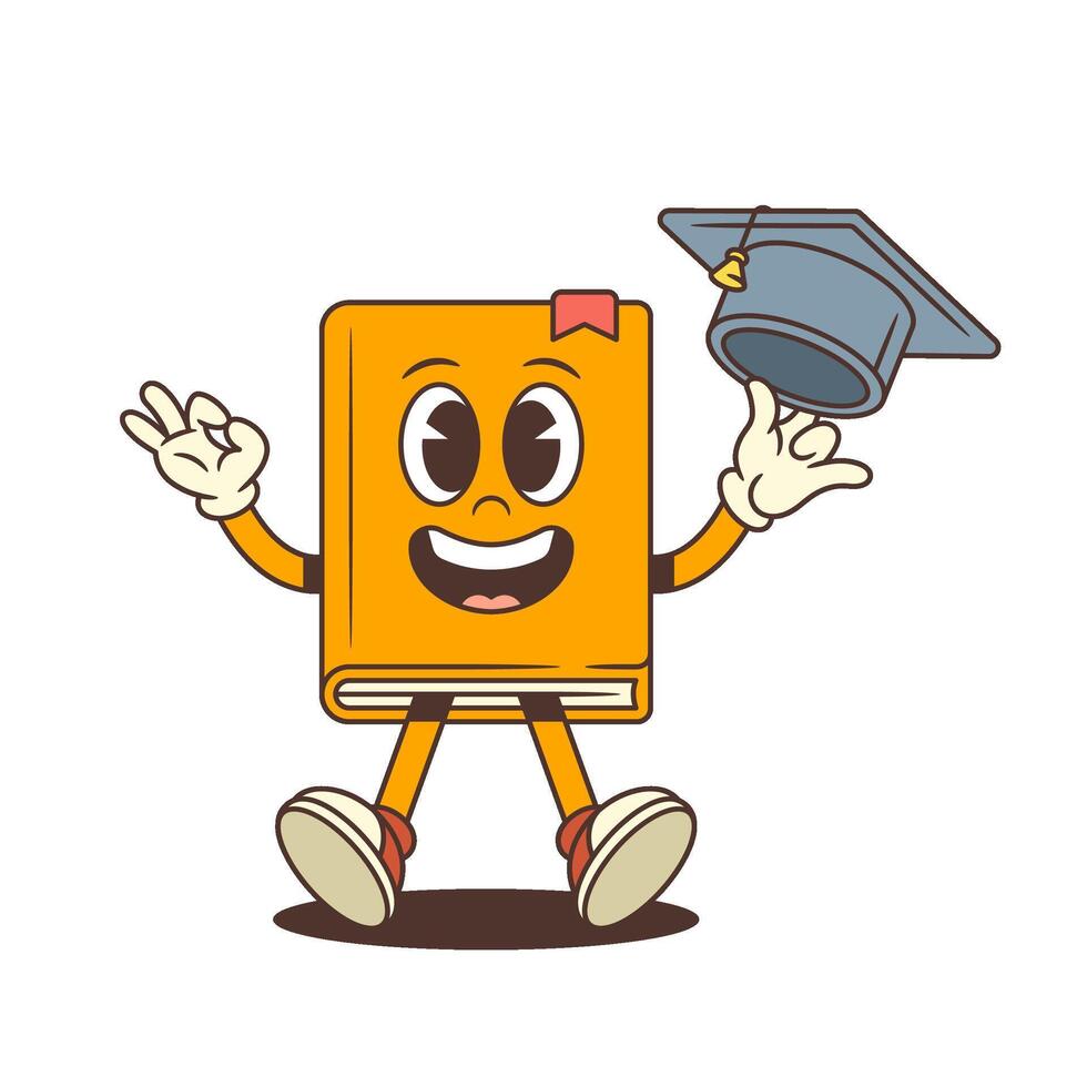 Cheerful Orange Book Character Waving Graduation Cap And Making Ok Hand Gesture Illustration vector