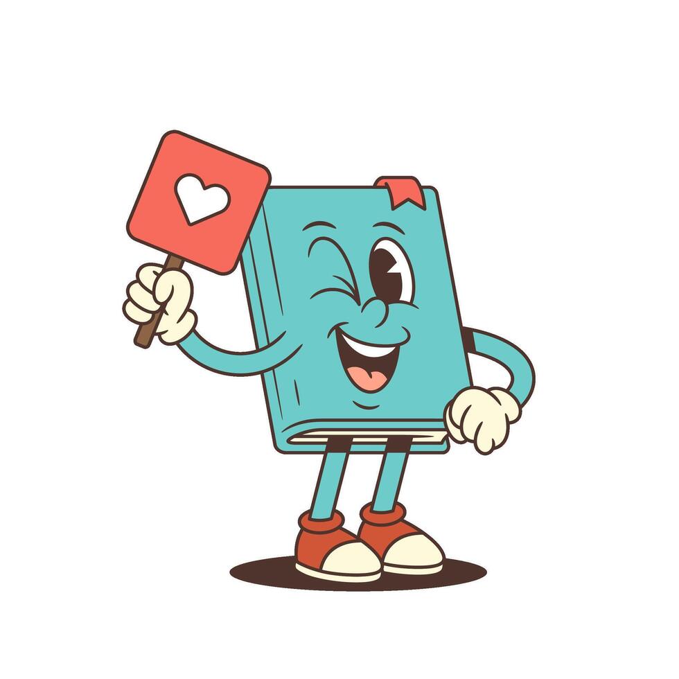 Blue Cartoon Book Mascot Winking And Holding Heart Sign Smiling Cheerful Character Art Illustration vector