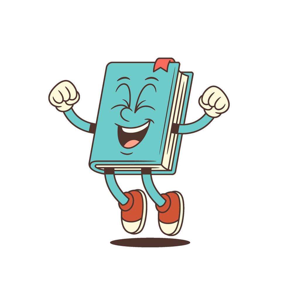 Blue Cartoon Book Mascot Jumping With Joy Eyes Closed Hands Up Celebrating Success Illustration vector