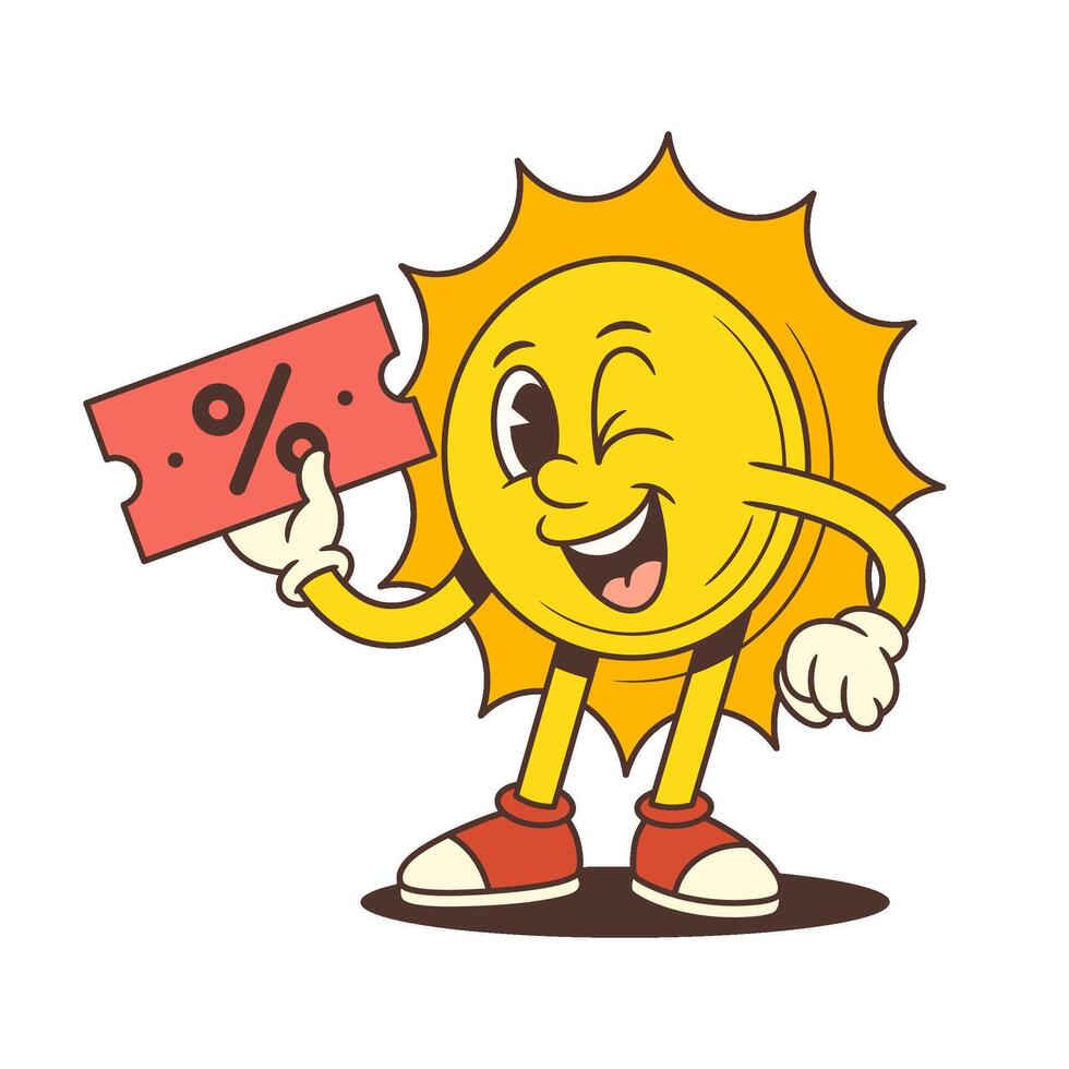 Smiling Cartoon Sun Mascot Holding Red Discount Coupon and Winking in Retro Style Illustration vector