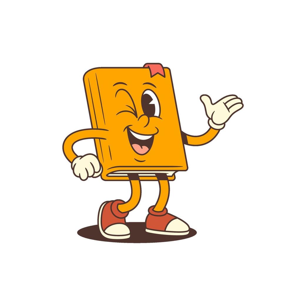 Orange Happy Cartoon Book Mascot Winking And Showing Hand Gesture With Red Bookmark Illustration vector