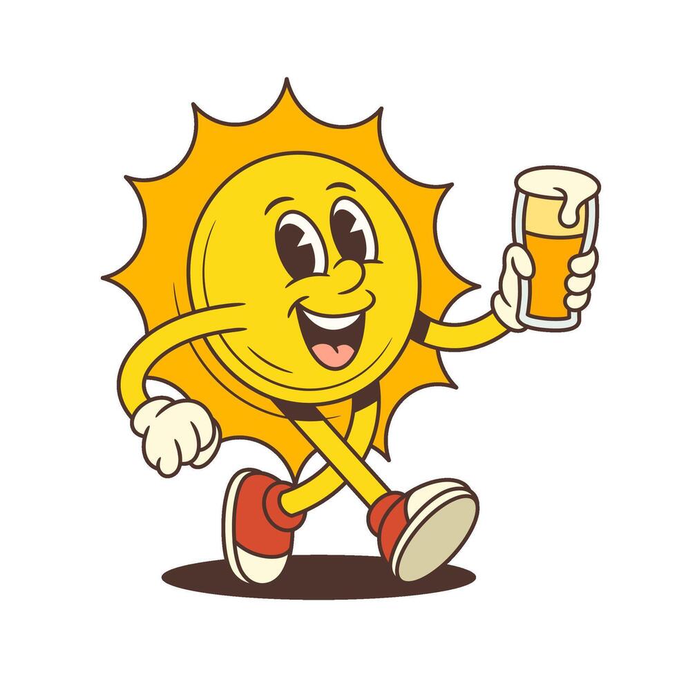 Cartoon Sun Character Walking Cheerfully While Holding Beer Mug in Retro Comic Style Illustration vector