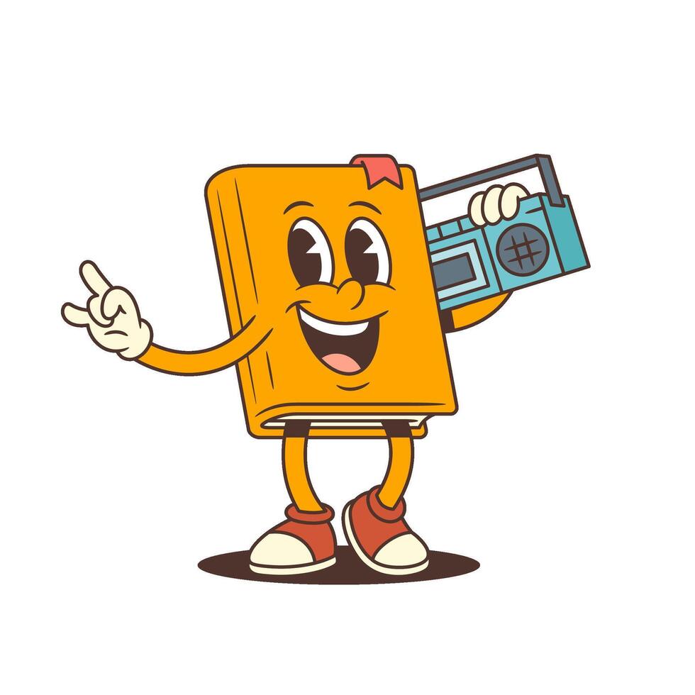 Orange Happy Cartoon Book Mascot Holding Vintage Cassette Player On Shoulder Showing Rock Gesture vector