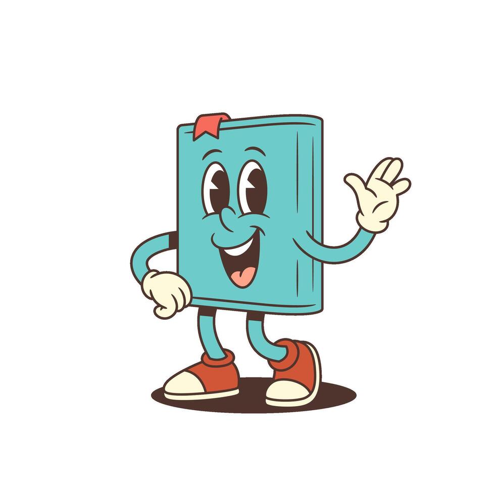Cheerful Blue Cartoon Book Mascot Waving Hand And Smiling Happily On White Background Illustration vector
