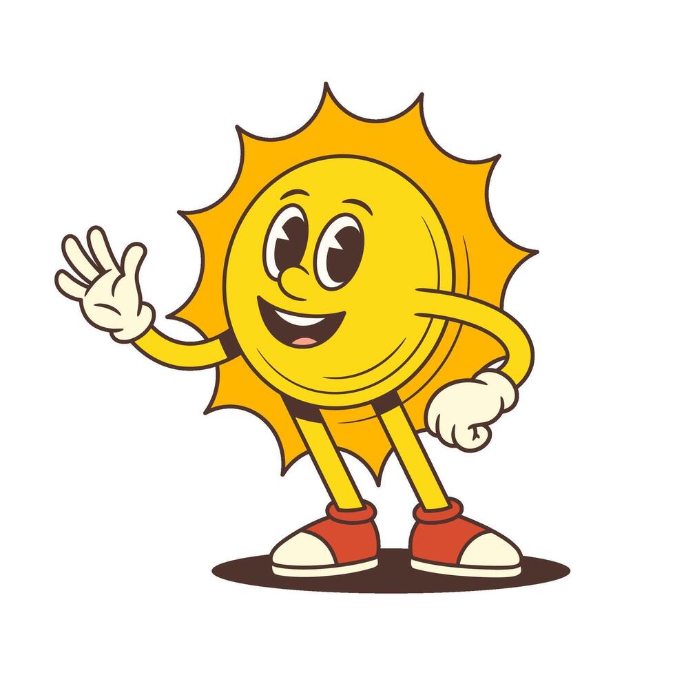 Smiling Cartoon Sun Character Waving Hand in Classic Retro Style with Cheerful Face Illustration vector