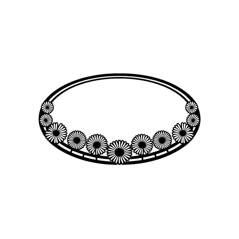 Floral Oval Frame - Black White Daisy Border, Clean vector
