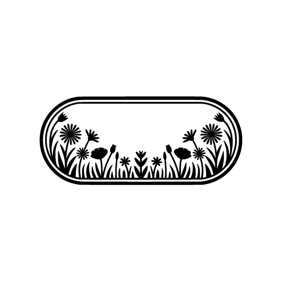 Minimalist Floral Oval Frame, Black Silhouette on White vector