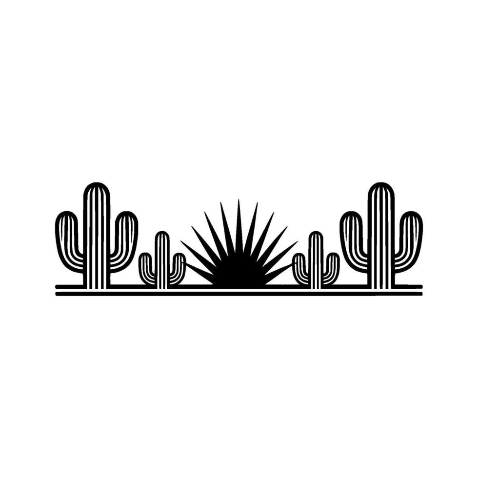 Minimalist Desert Silhouette Cacti, Agave, Sun, Monochromatic vector