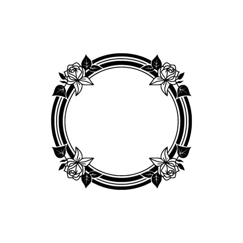 Elegant Floral Circle Frame, Black and White, Rose vector