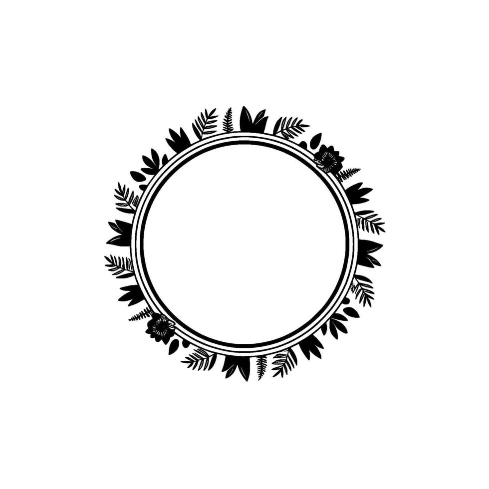 Minimalist Floral Circle Frame, Black and White, Blank Space for vector