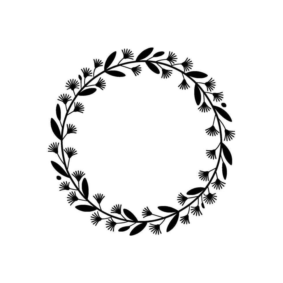 Minimalist Black Floral Wreath on White Background, Leaves vector