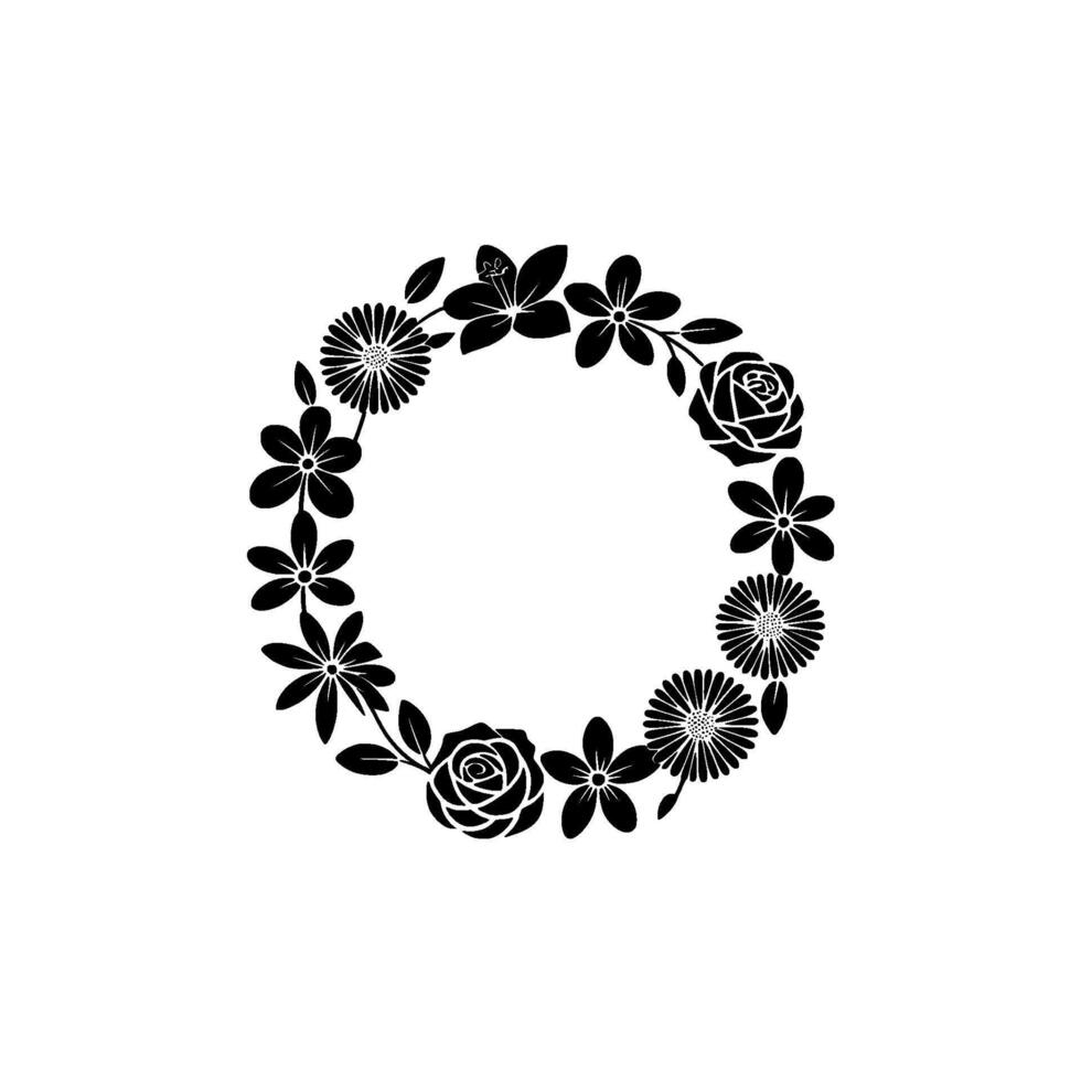 Minimalist Floral Wreath Black Silhouettes on White Background vector