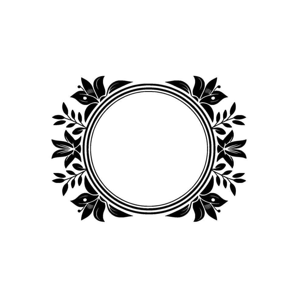 Elegant Floral Frame with Circle Center, Black and White, Element vector