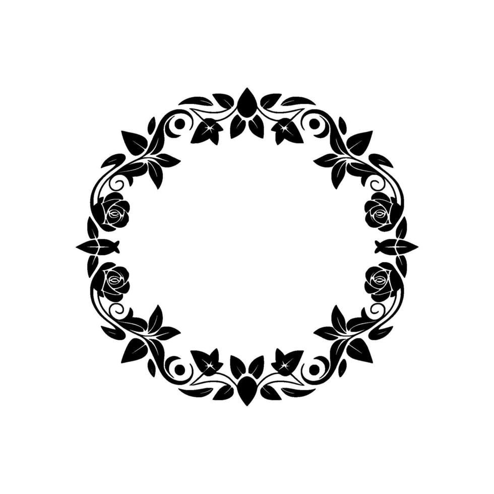Elegant Black Floral Wreath on White Background, Botanical vector