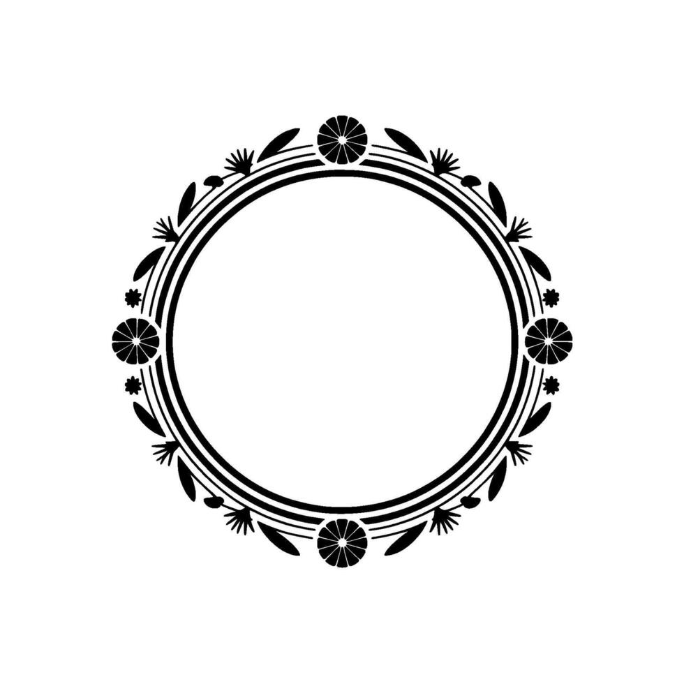 Elegant Minimalist Circular Floral Frame, Black and White, Ornamental vector