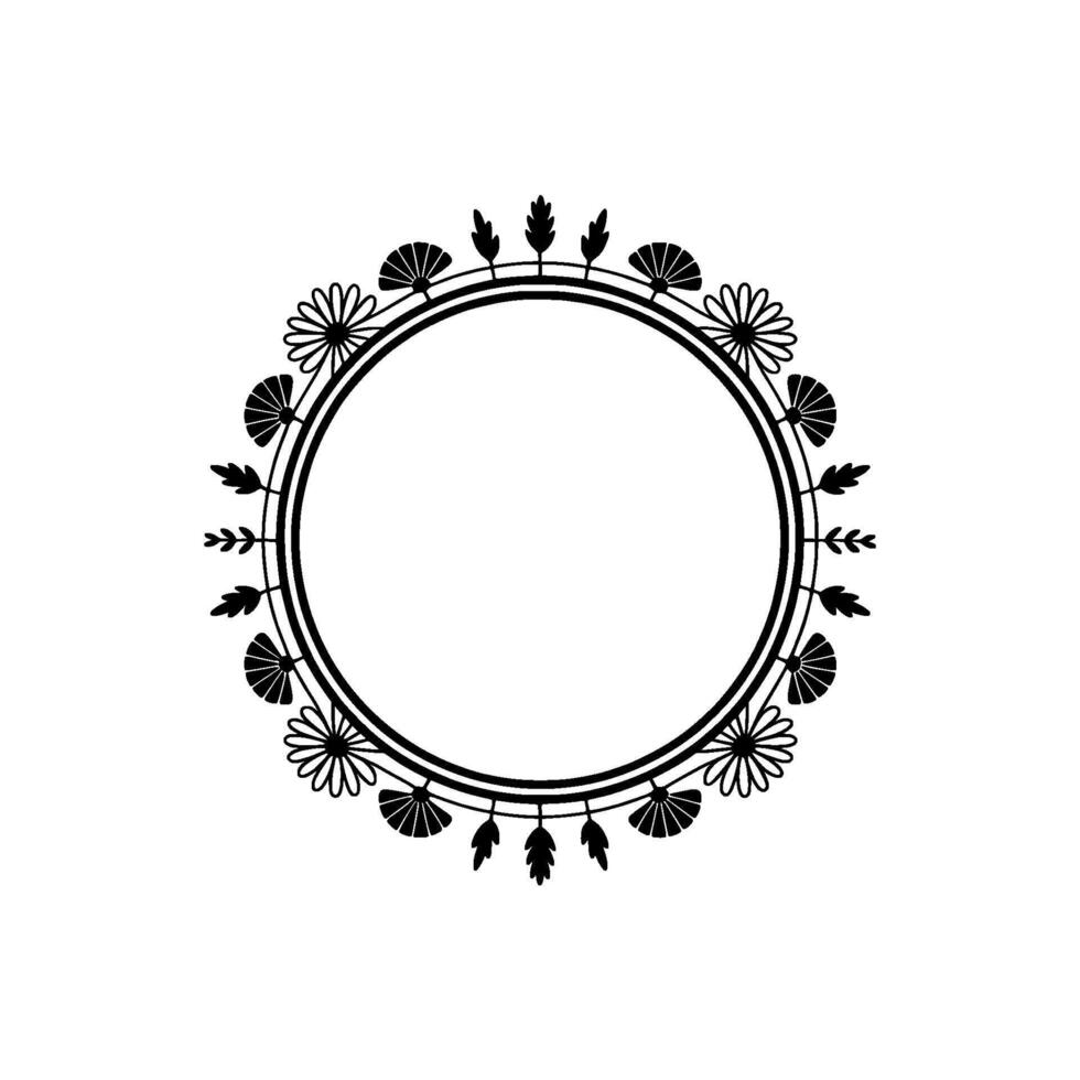 Elegant Floral Wreath Circle Frame , Black White, Minimalist vector