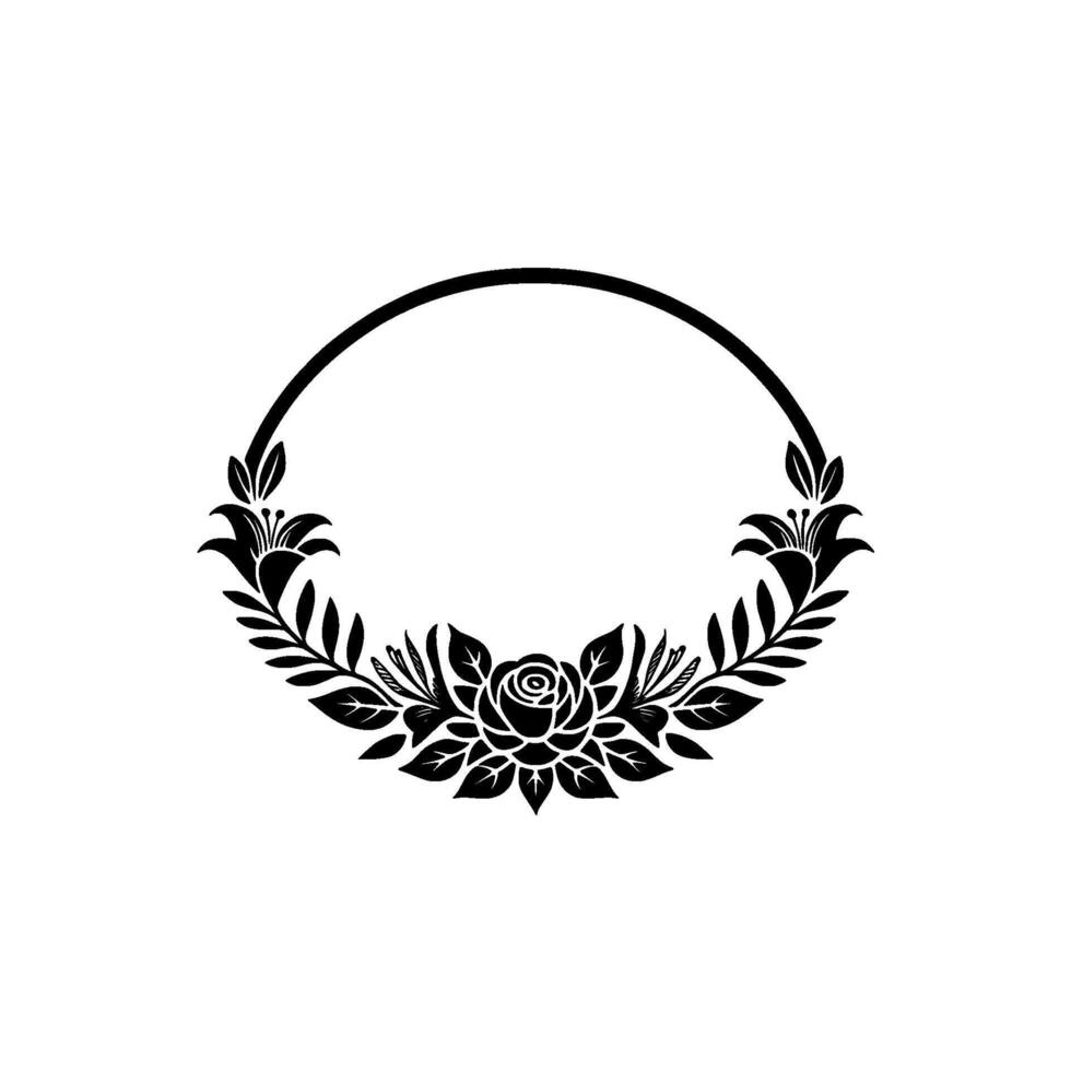 Elegant Floral Circle Frame Illustration, Monochrome vector