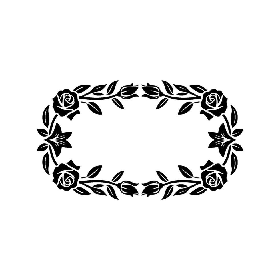 Elegant Floral Frame Black Roses and Leaves on White, Oval vector