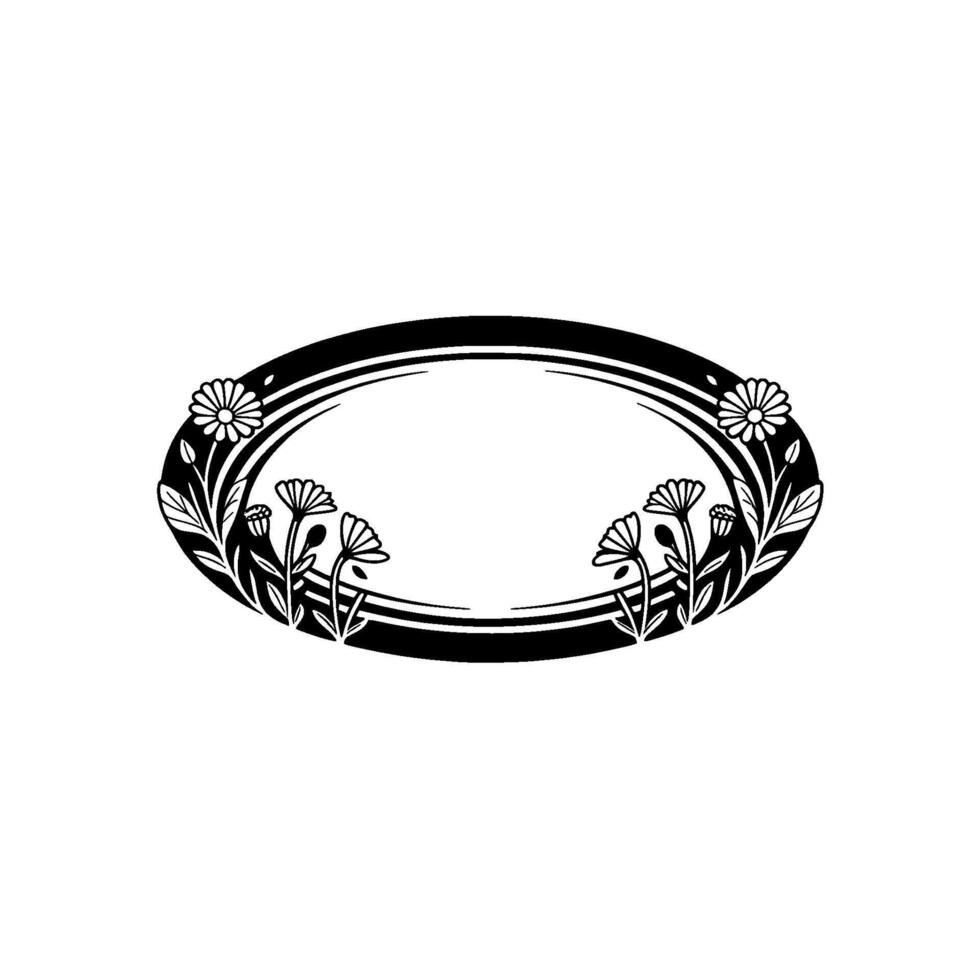 Floral Oval Frame in Black White - Elegant, Minimalist vector