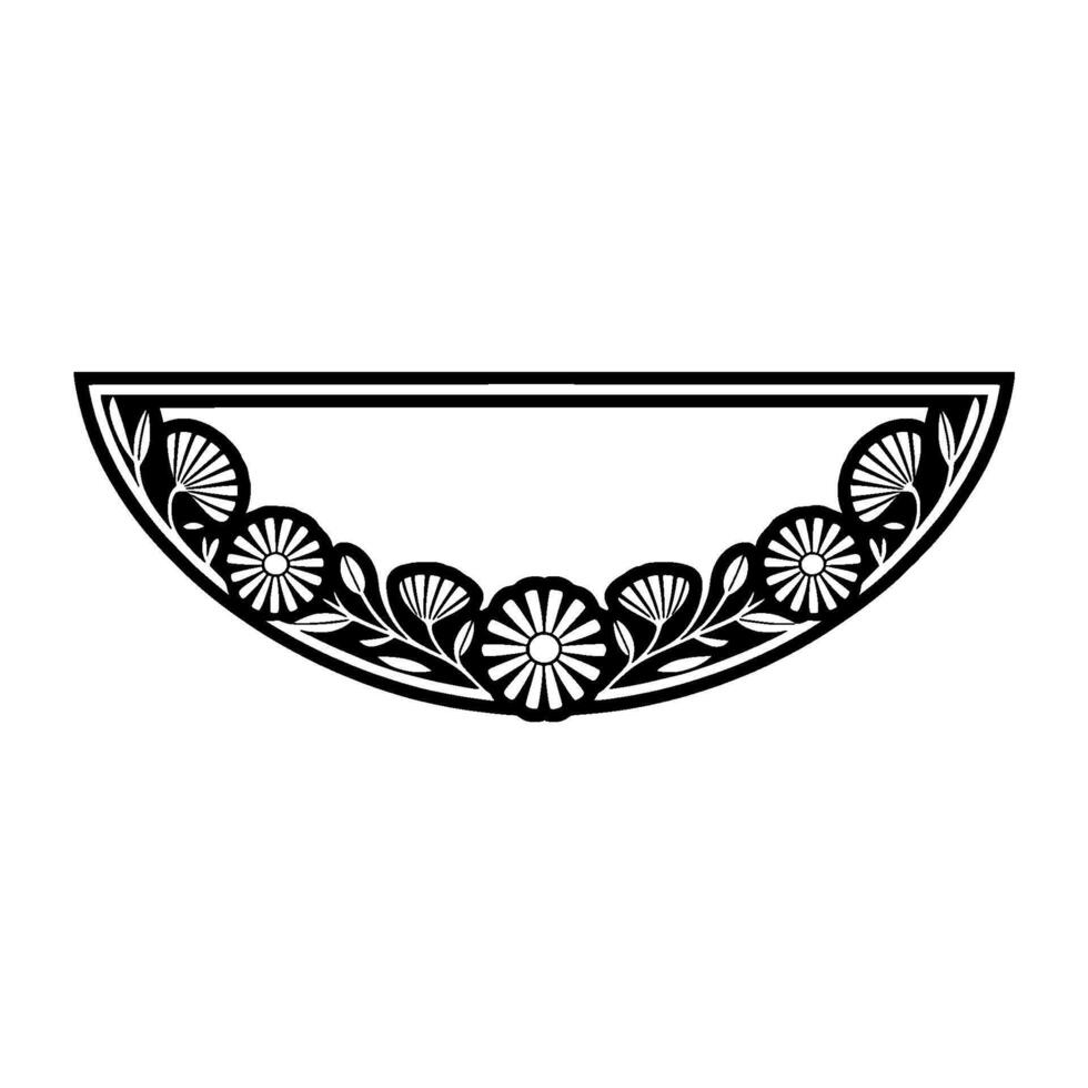 Elegant Floral Half-Circle Ornament, Black on White, Minimalist vector