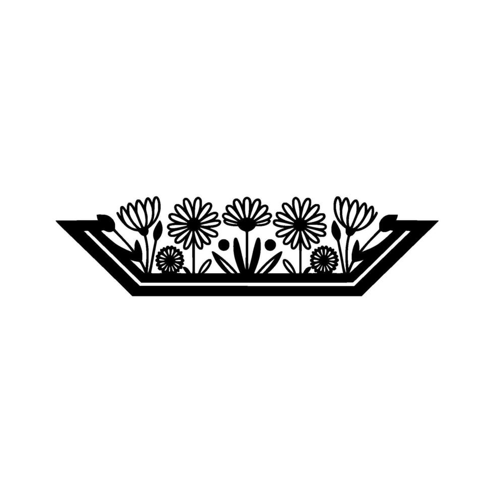 Floral Border Ornament in Geometric Frame, Black Silhouette vector