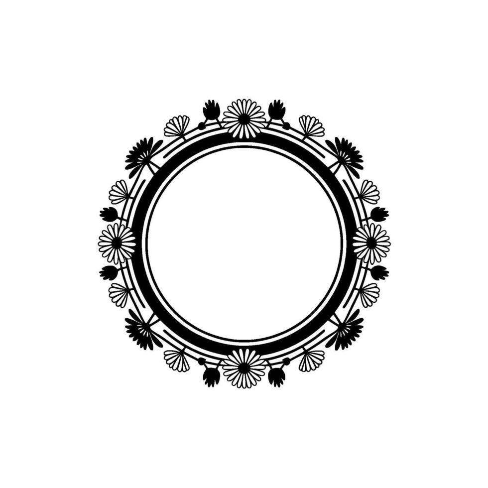 Elegant Floral Circle Frame, Black and White, Minimalist - Wreath vector