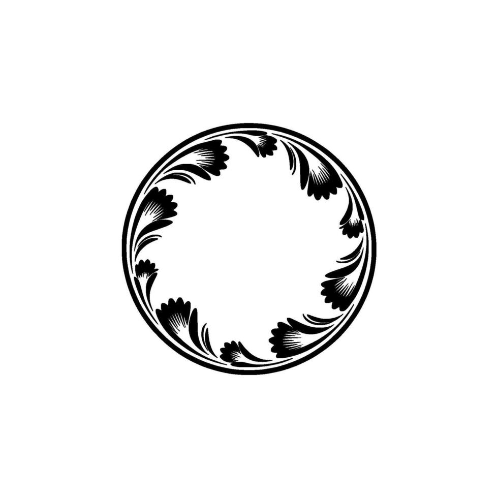 Elegant Black Floral Circle Frame on White Background, Botanical vector