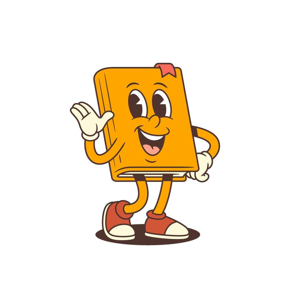 Orange Cartoon Book Mascot Smiling Waving Hand And Saying Hi With Happy Face Illustration vector