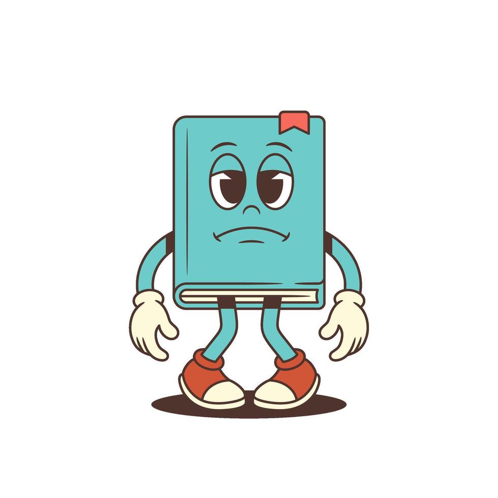 Blue Sad Cartoon Book Mascot Standing With Drooped Hands And Downcast Expression Illustration vector