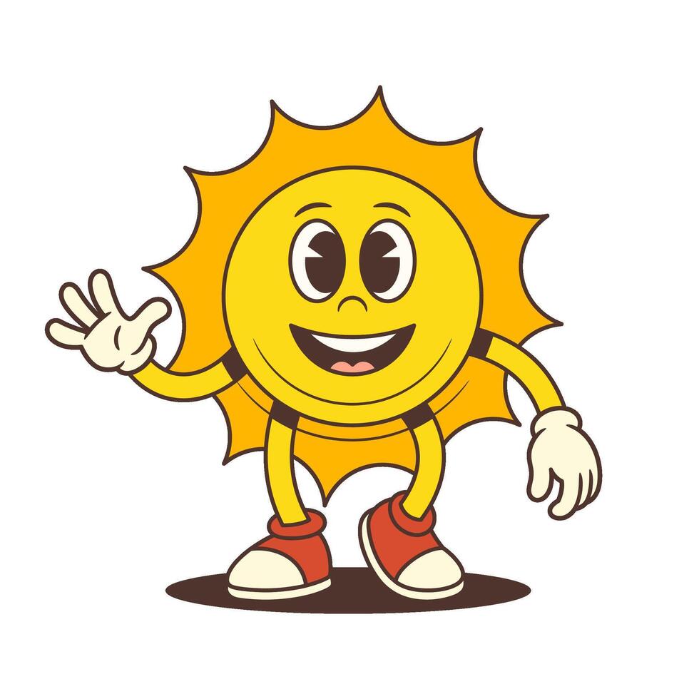 Happy Cartoon Sun Mascot Walking Forward Waving Hand Greeting With Sneakers And Gloves Illustration vector