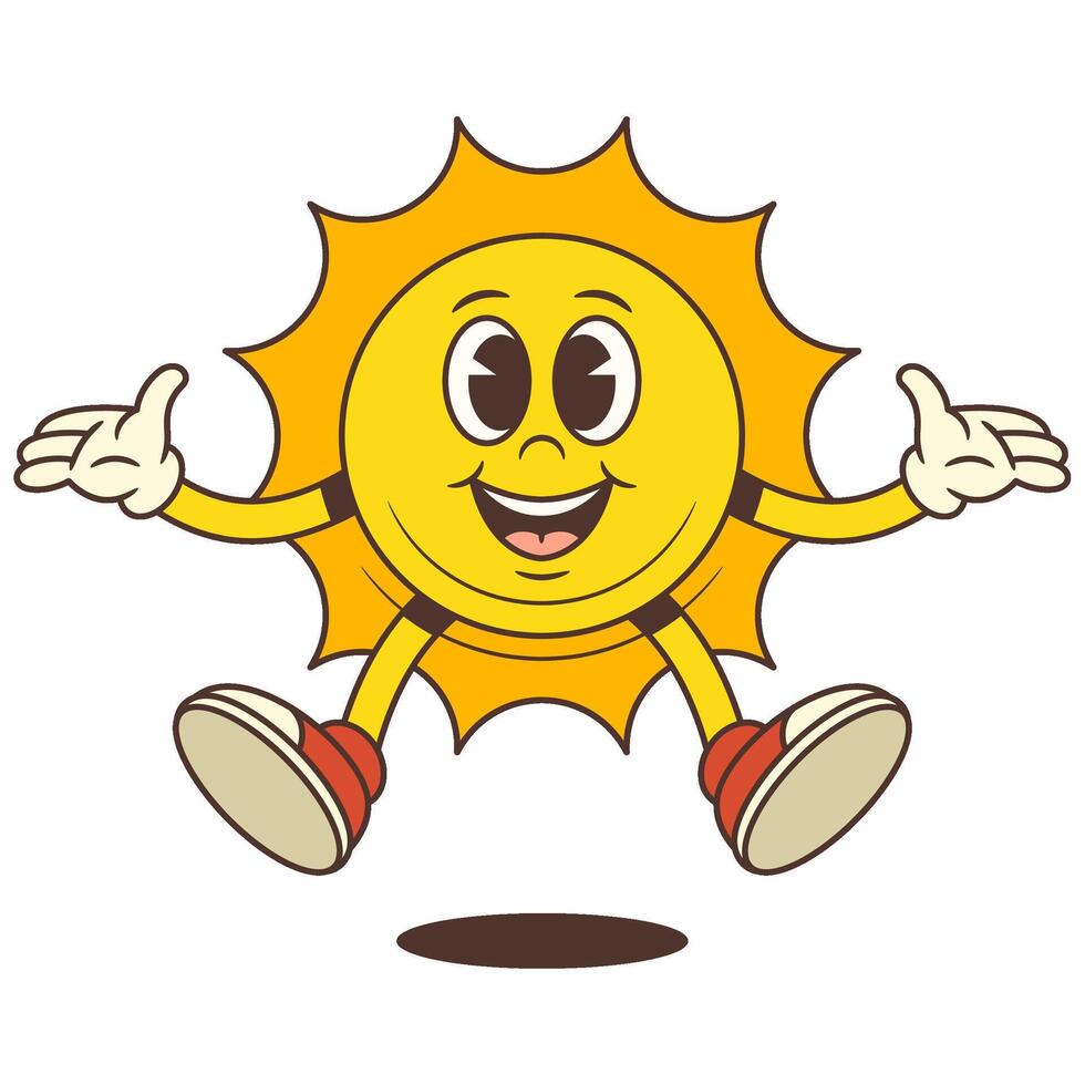 Happy Cartoon Sun Mascot Jumping Up With Arms Spread Wearing Sneakers And Gloves Illustration vector