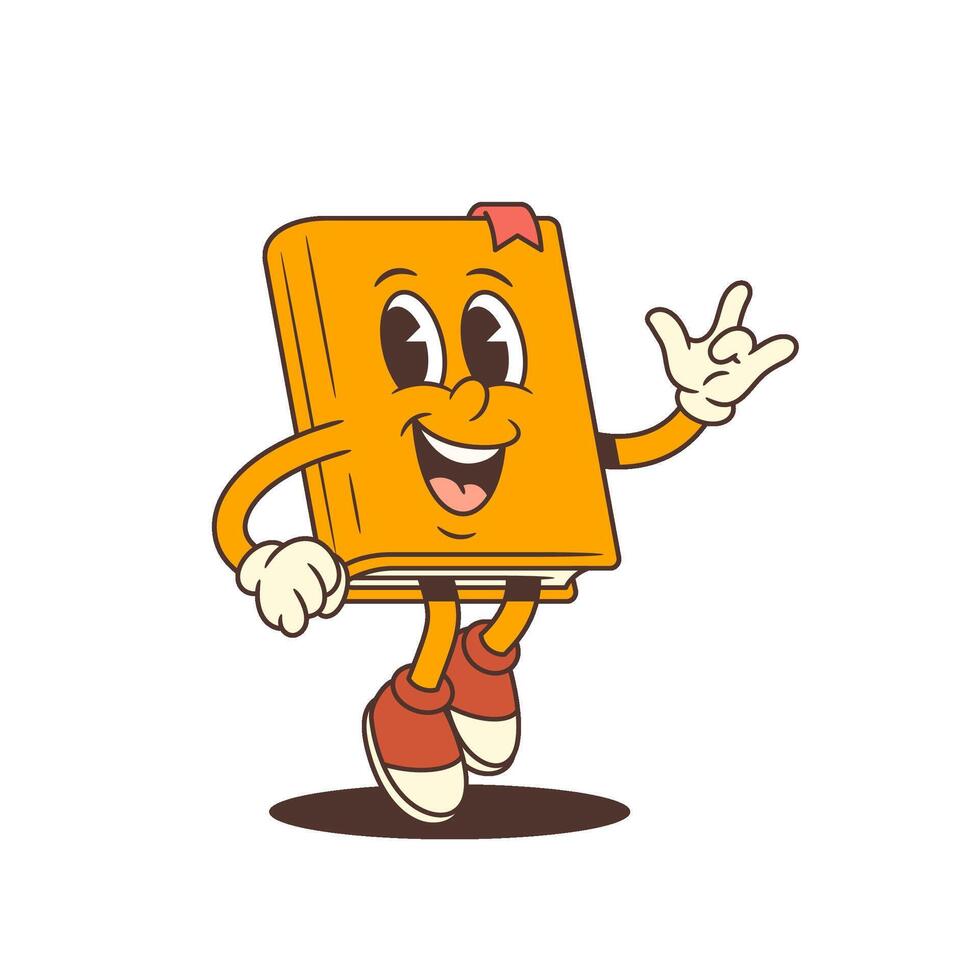 Orange Cartoon Book Mascot Jumping With ILY Hand Sign And Cheerful Expression Illustration vector