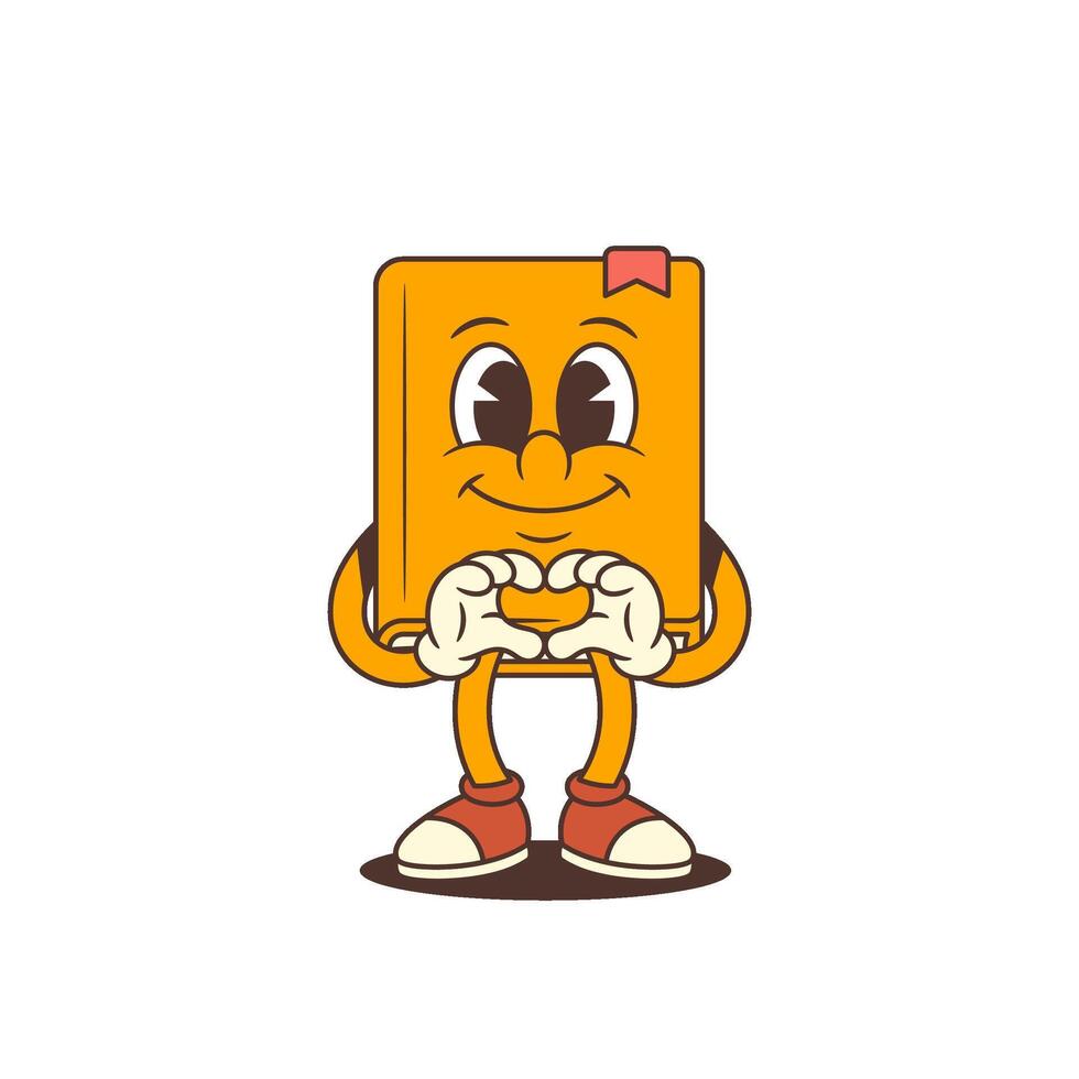 Smiling Cartoon Book Mascot Showing Heart Gesture With Hands In Cheerful Pose Illustration vector