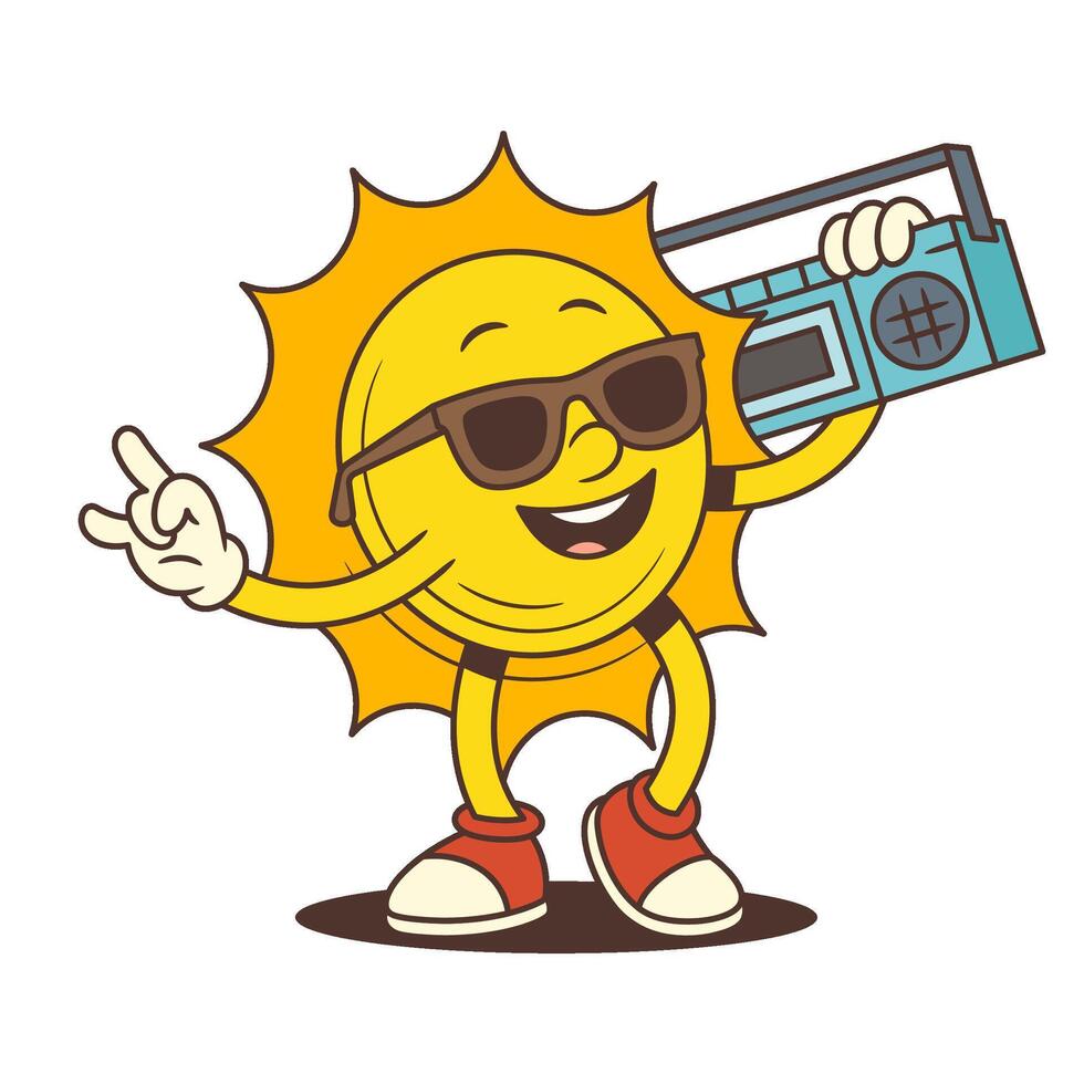 Happy Cartoon Sun Mascot Wearing Sunglasses Holding Cassette Player Showing Rock Gesture Illustration vector